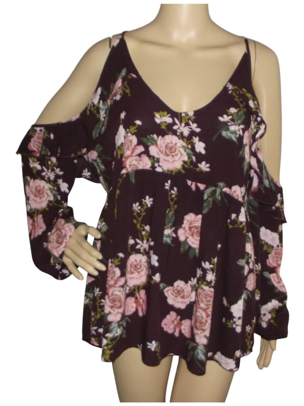 American Eagle Blouse Medium Burgundy Wine Pink Floral off cold shoulder v-neck